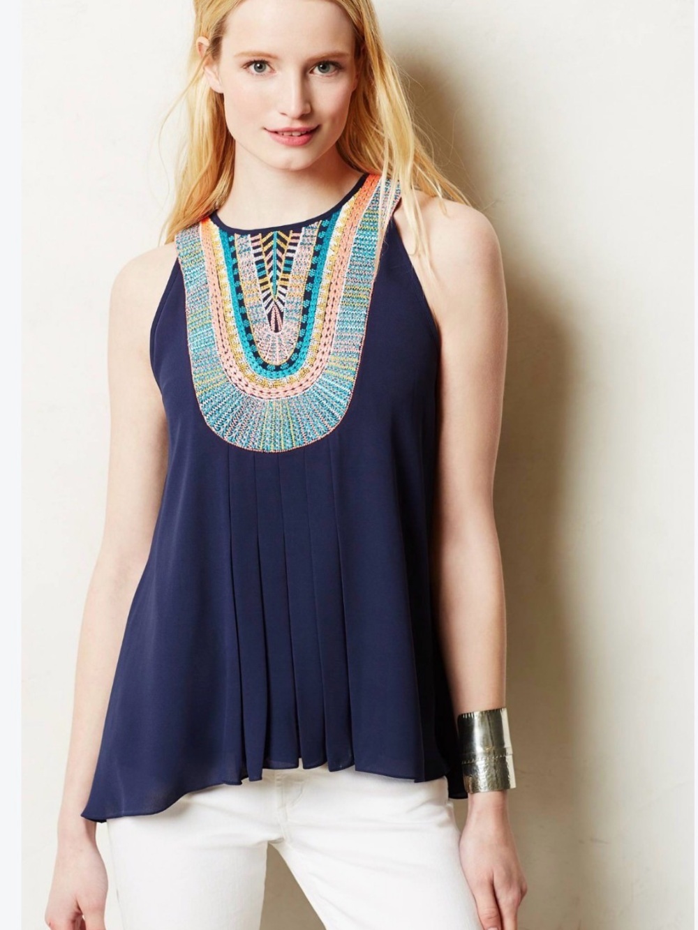 Anthropologie Ranna Gill Navy Embroidered Yoke Southwestern Boho Blouse Large